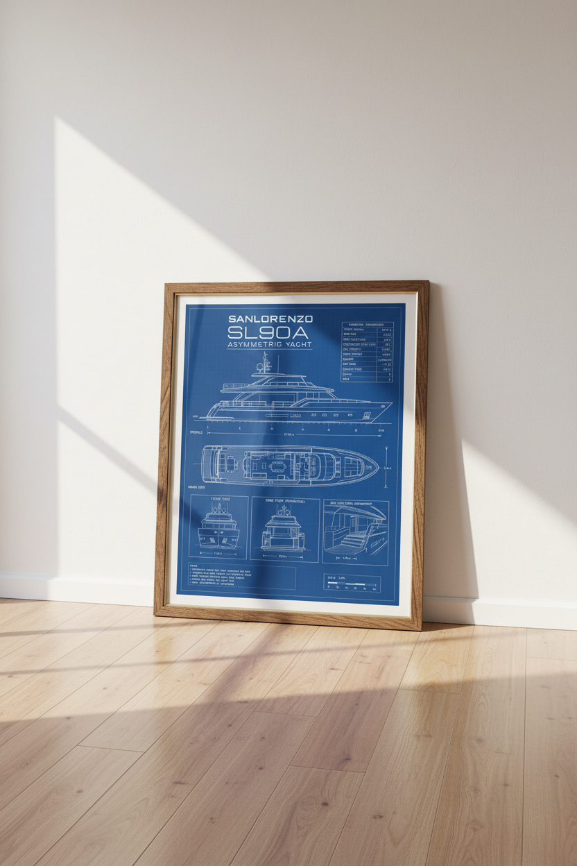 Sanlorenzo Yacht Blueprint Wall Art | Luxury Nautical Decor | Navy Blue Poster