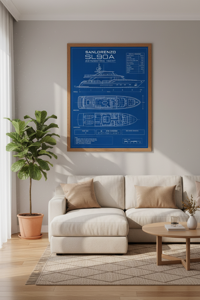 Sanlorenzo Yacht Blueprint Wall Art | Luxury Nautical Decor | Navy Blue Poster
