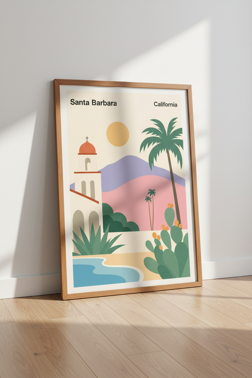 Santa Barbara California Wall Art | Coastal Mission Decor | Pastel Travel Poster