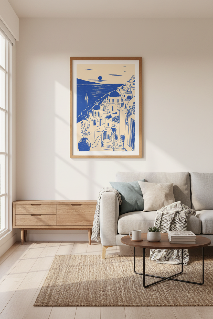 Santorini Greece Wall Art | Blue Minimalist Coastal Poster, Living Room Decor