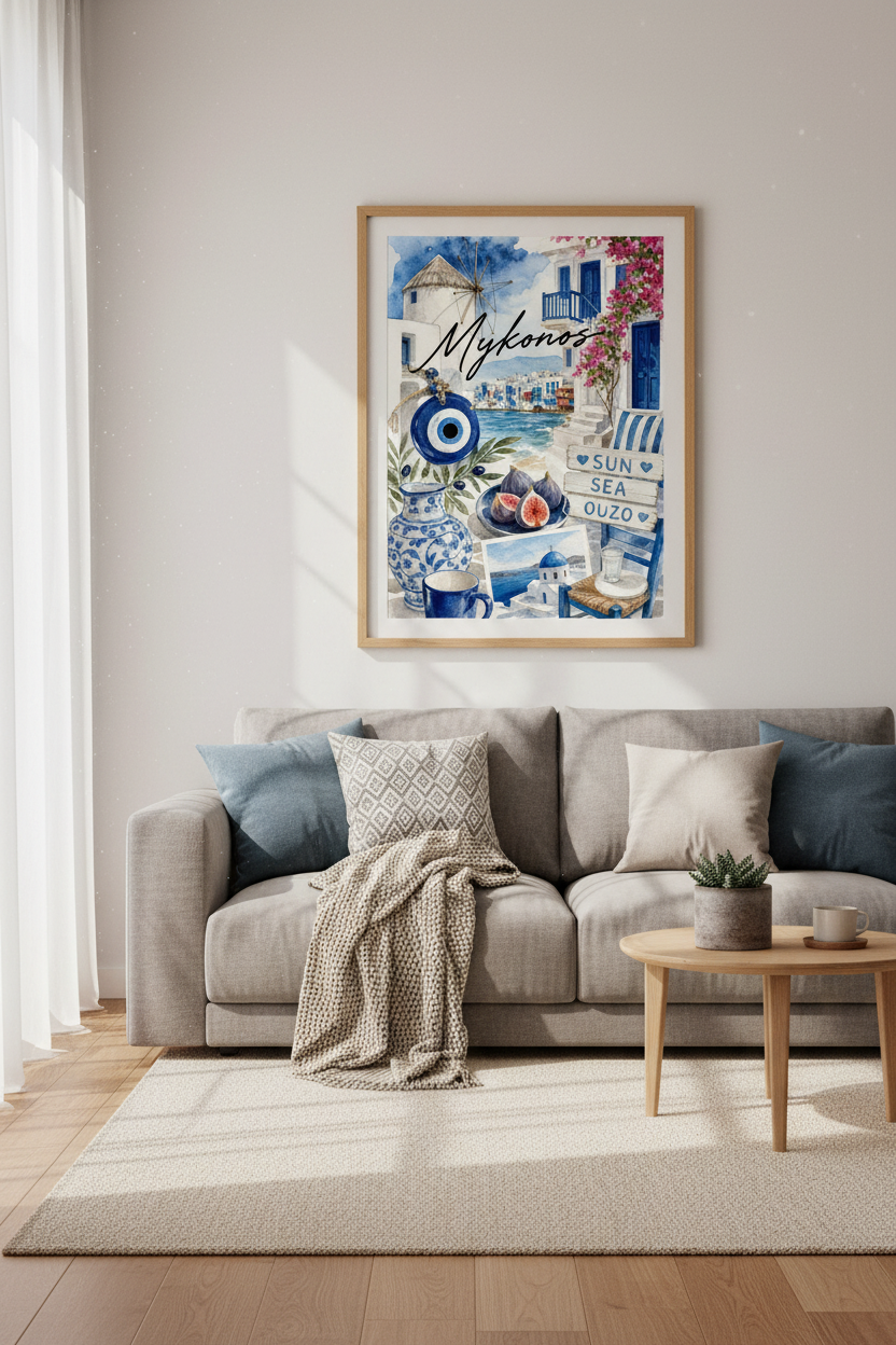 Mykonos Greece Wall Art | Mediterranean Watercolor Poster, Coastal Greek Island Decor