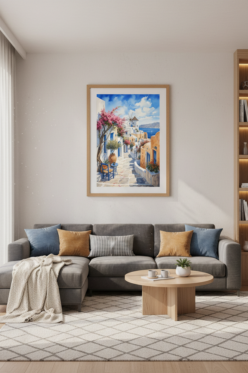 Santorini Greece Watercolor Wall Art | Coastal Village Blue & White | Mediterranean Poster