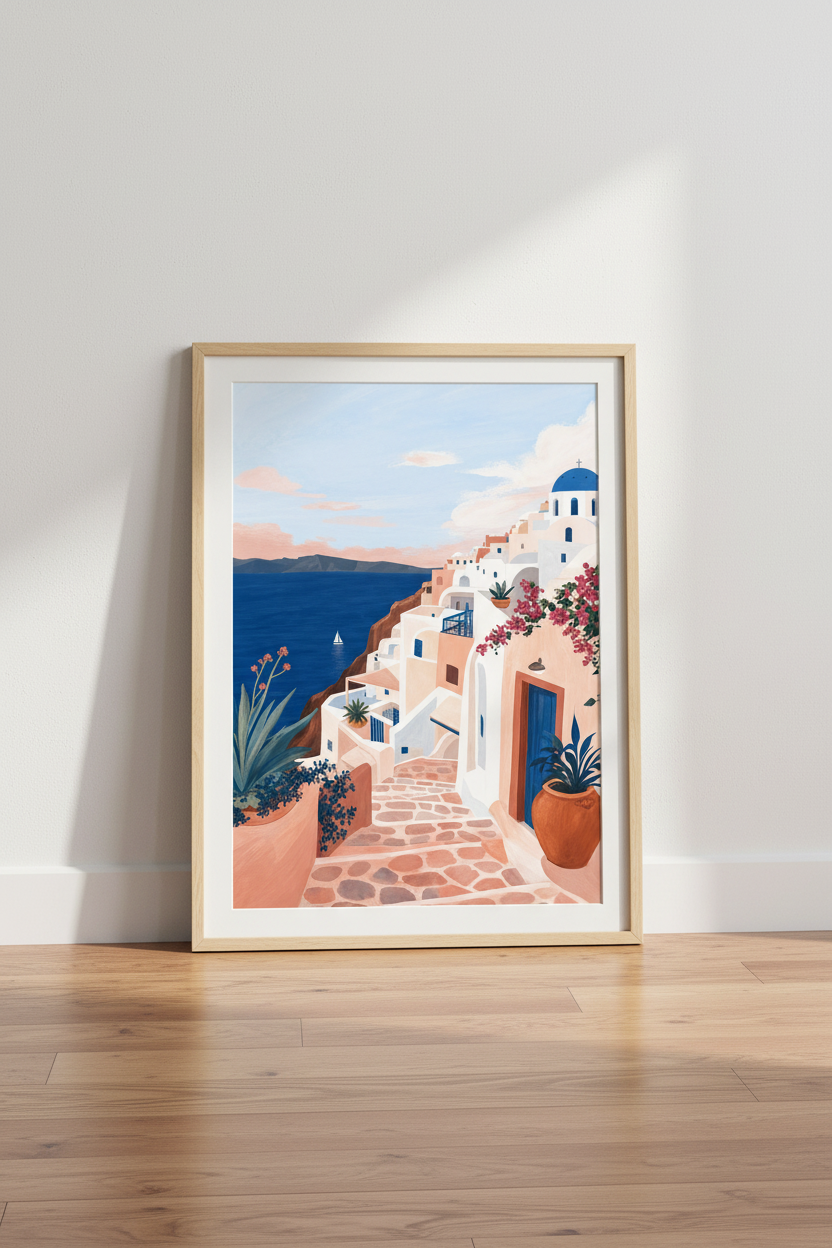 Santorini Greece Wall Art | Mediterranean Blue & Pink Landscape, Coastal Travel Poster