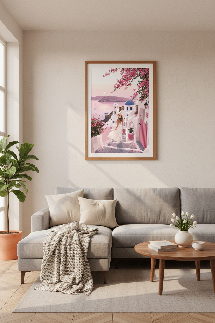 Santorini Greece Wall Art | Pink Bougainvillea & Blue Dome Poster, Coastal Decor