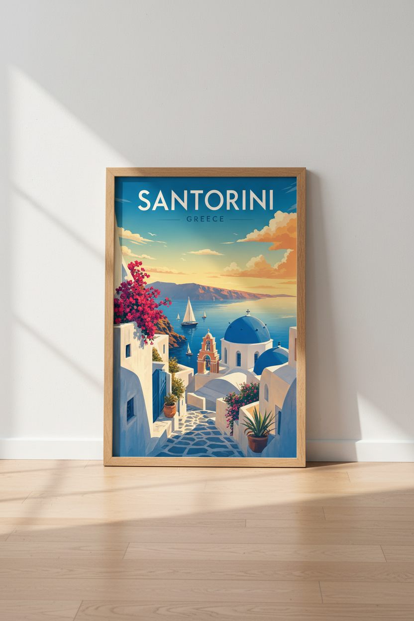 Santorini Greece Travel Poster | Mediterranean Coastal Wall Art, Blue & Gold Room Decor