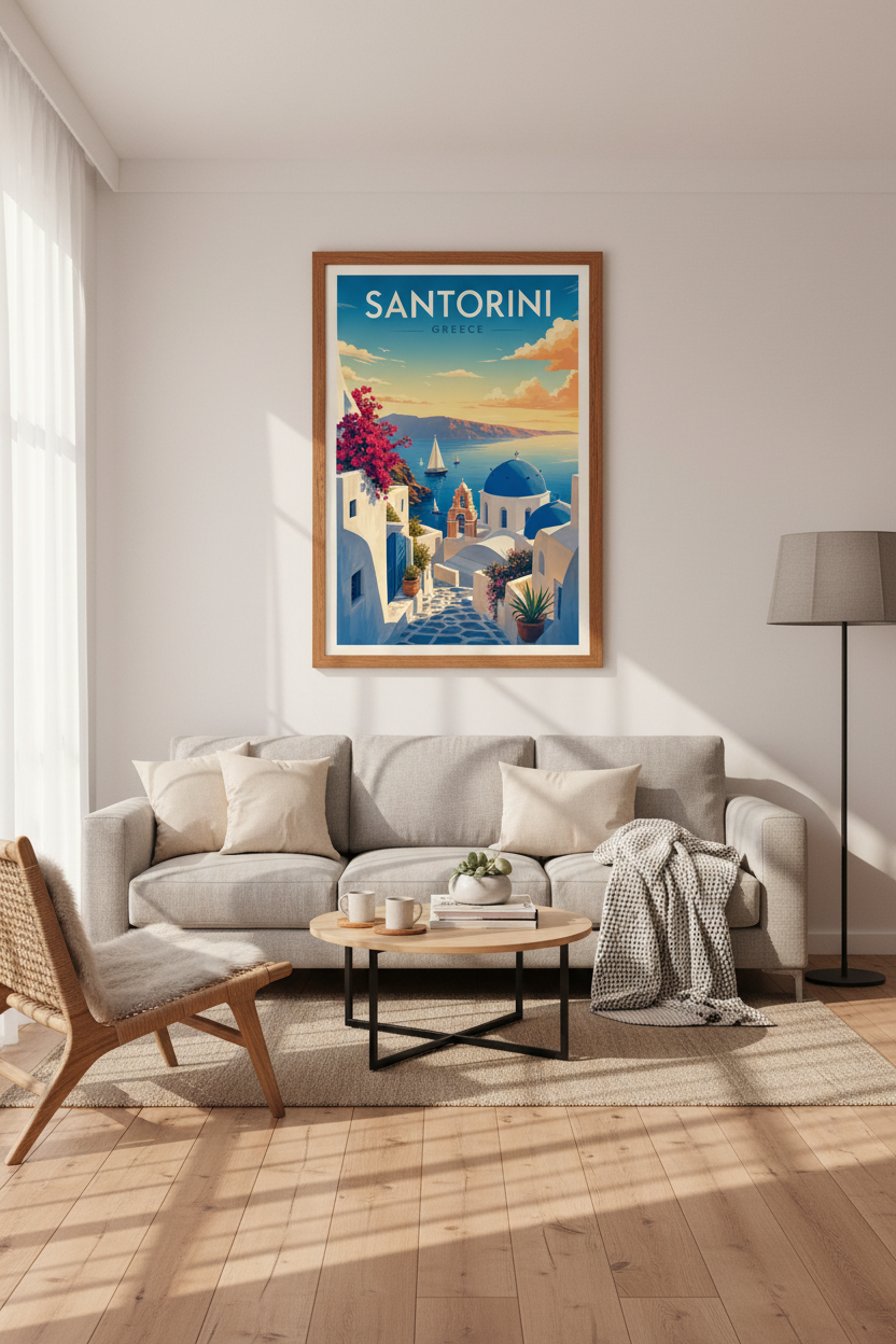 Santorini Greece Travel Poster | Mediterranean Coastal Wall Art, Blue & Gold Room Decor