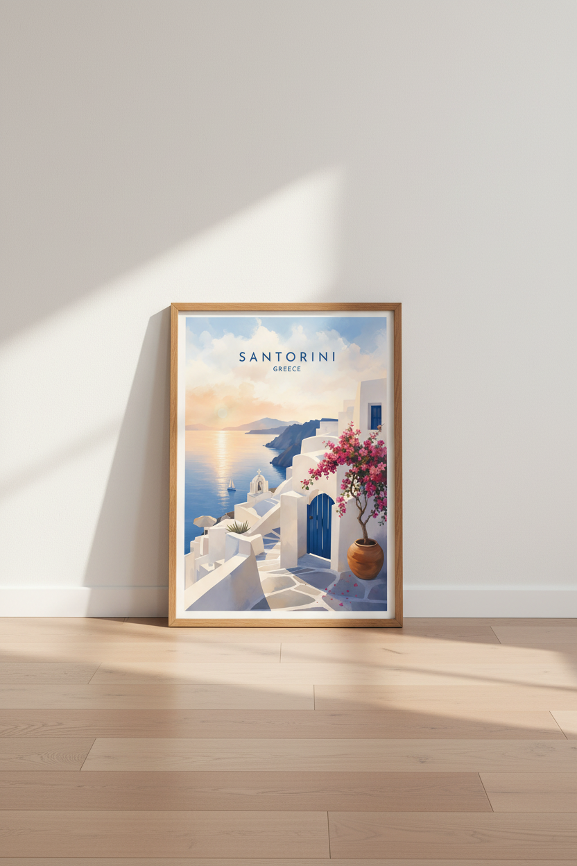 Santorini Greece Travel Poster | Sunset Coastal Wall Art | Blue and White Home Decor