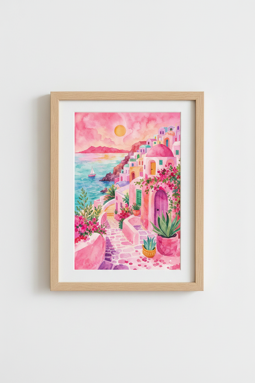 Pink Greece Wall Art Print | Santorini Landscape Poster | Pastel Mediterranean Decor