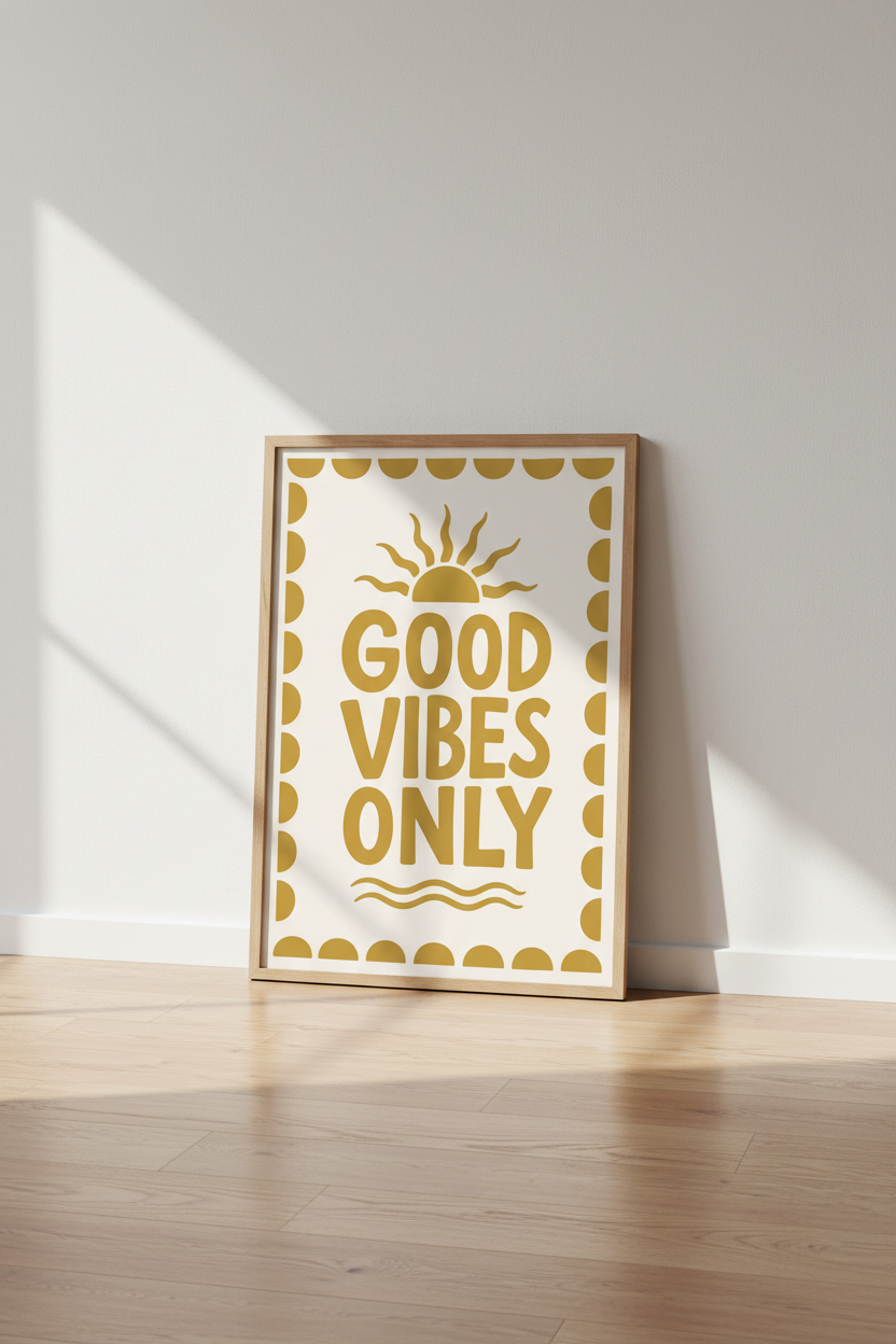 Good Vibes Only Boho Sun Wall Art | Mustard Yellow Retro Poster | Aesthetic Room Decor