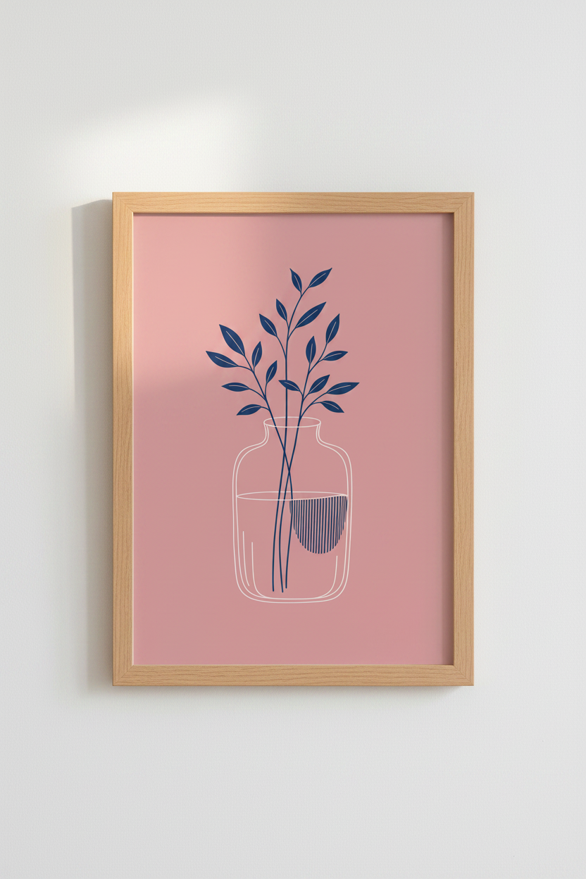 Minimalist Botanical Leaf Art Print | Navy Blue & Pink Decor | Modern Line Art Poster