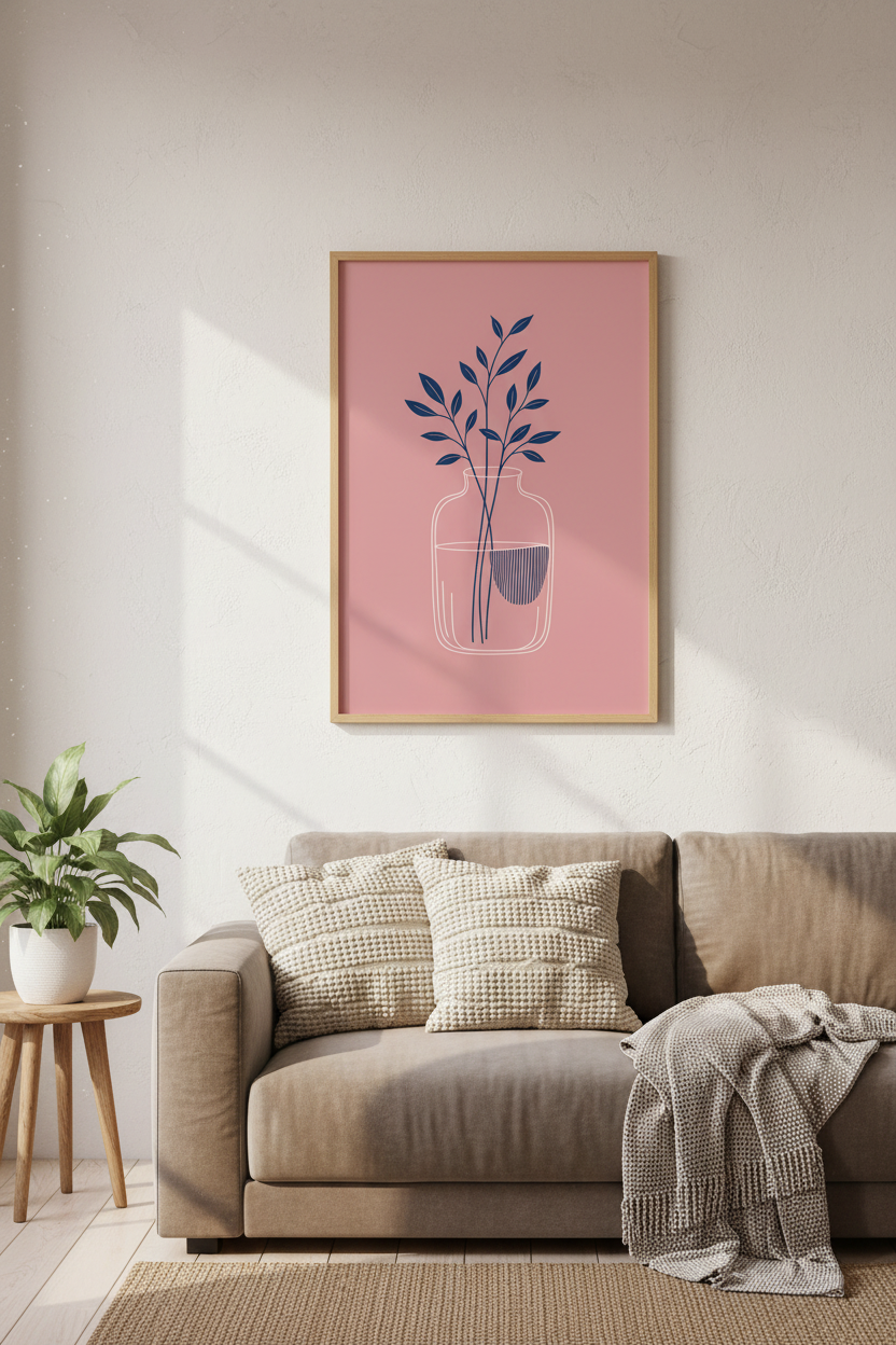 Minimalist Botanical Leaf Art Print | Navy Blue & Pink Decor | Modern Line Art Poster