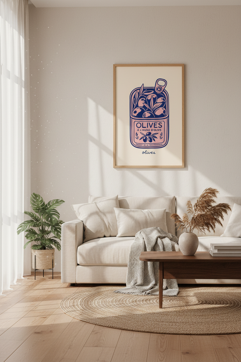Pink Sardine Style Olive Art Print | Mediterranean Kitchen Decor | Retro Food Poster
