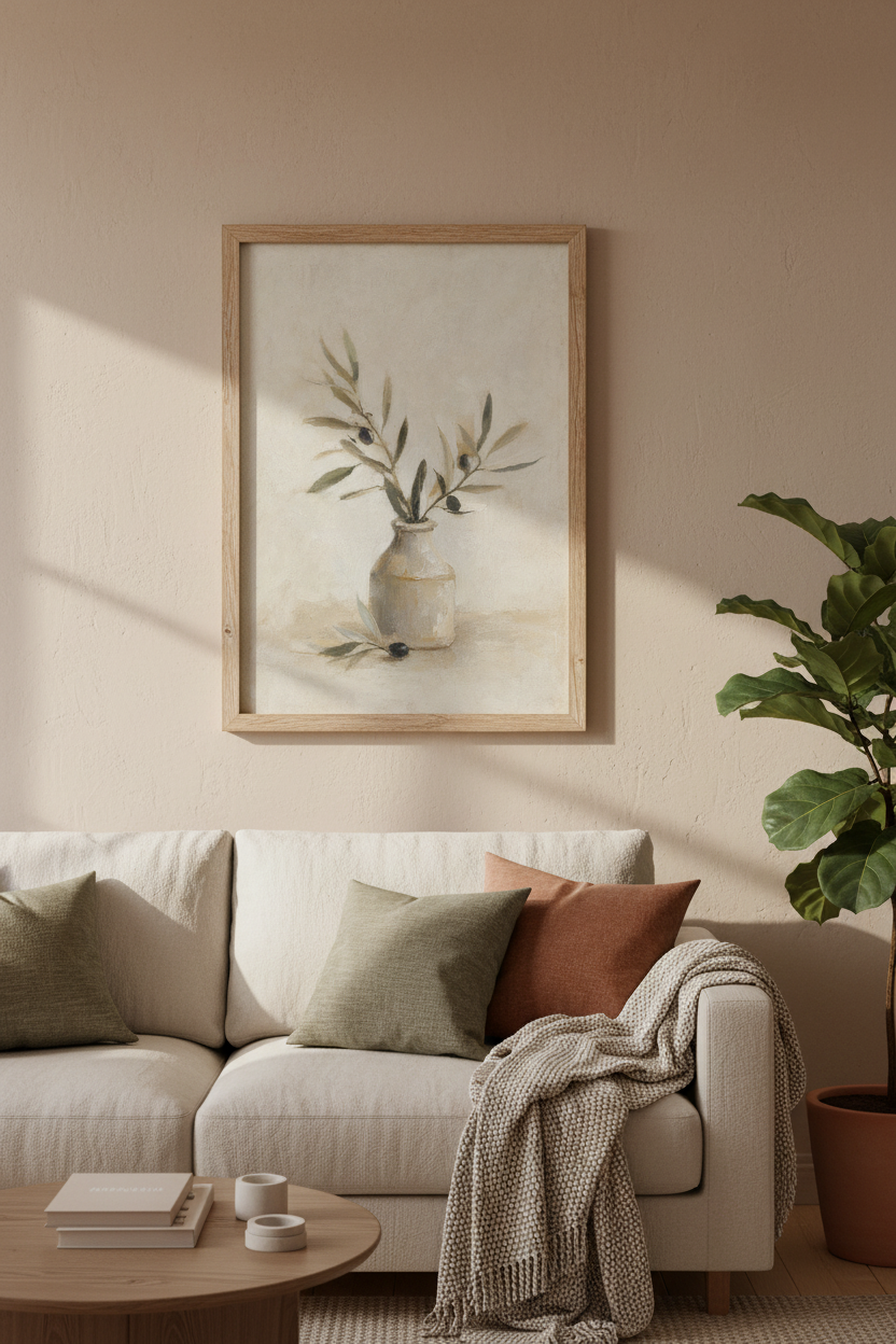 Olive Branch Still Life | Rustic Mediterranean Oil Painting, Farmhouse Kitchen Poster