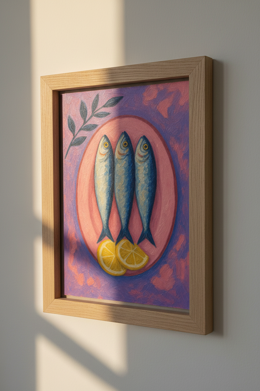Sardines on a Pink Plate | Mediterranean Impasto Oil Style, Kitchen Decor