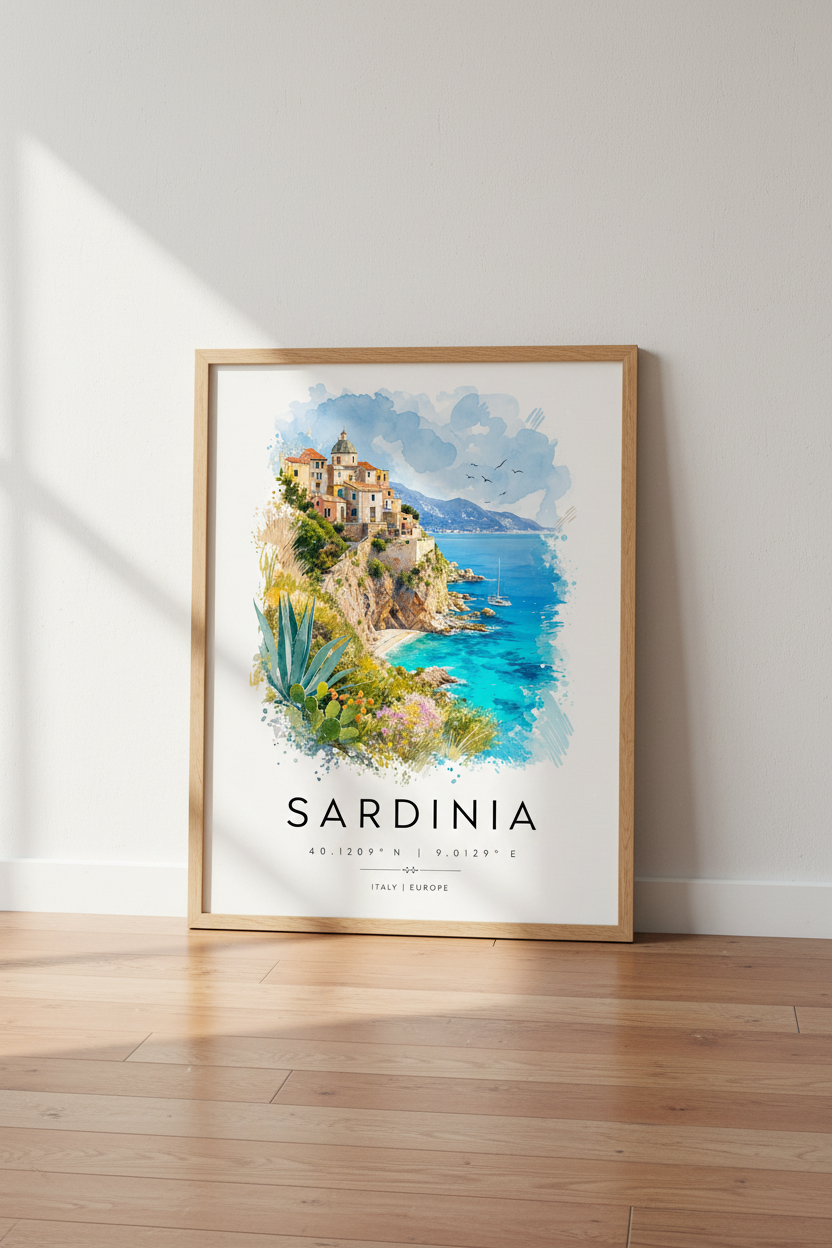 Sardinia Italy Travel Wall Art | Mediterranean Seaside Poster | Watercolor Coastal Decor