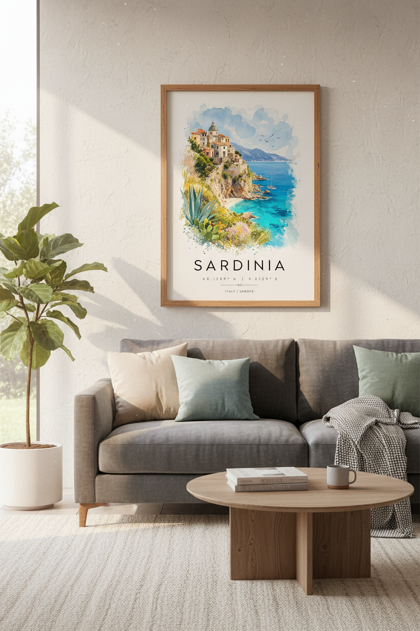 Sardinia Italy Travel Wall Art | Mediterranean Seaside Poster | Watercolor Coastal Decor