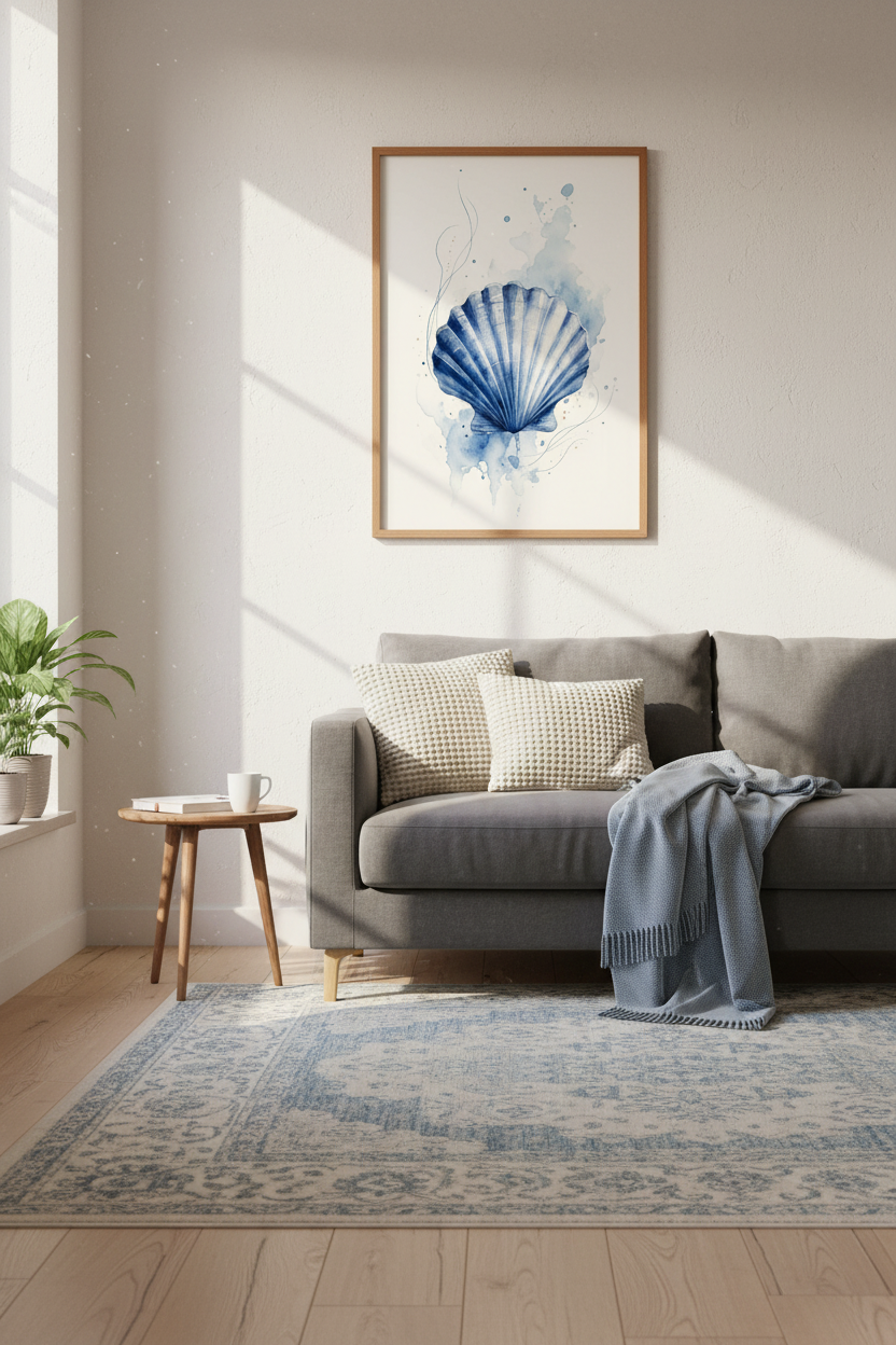 Blue Seashell Watercolor Print | Coastal Bathroom Decor | Beach House Poster