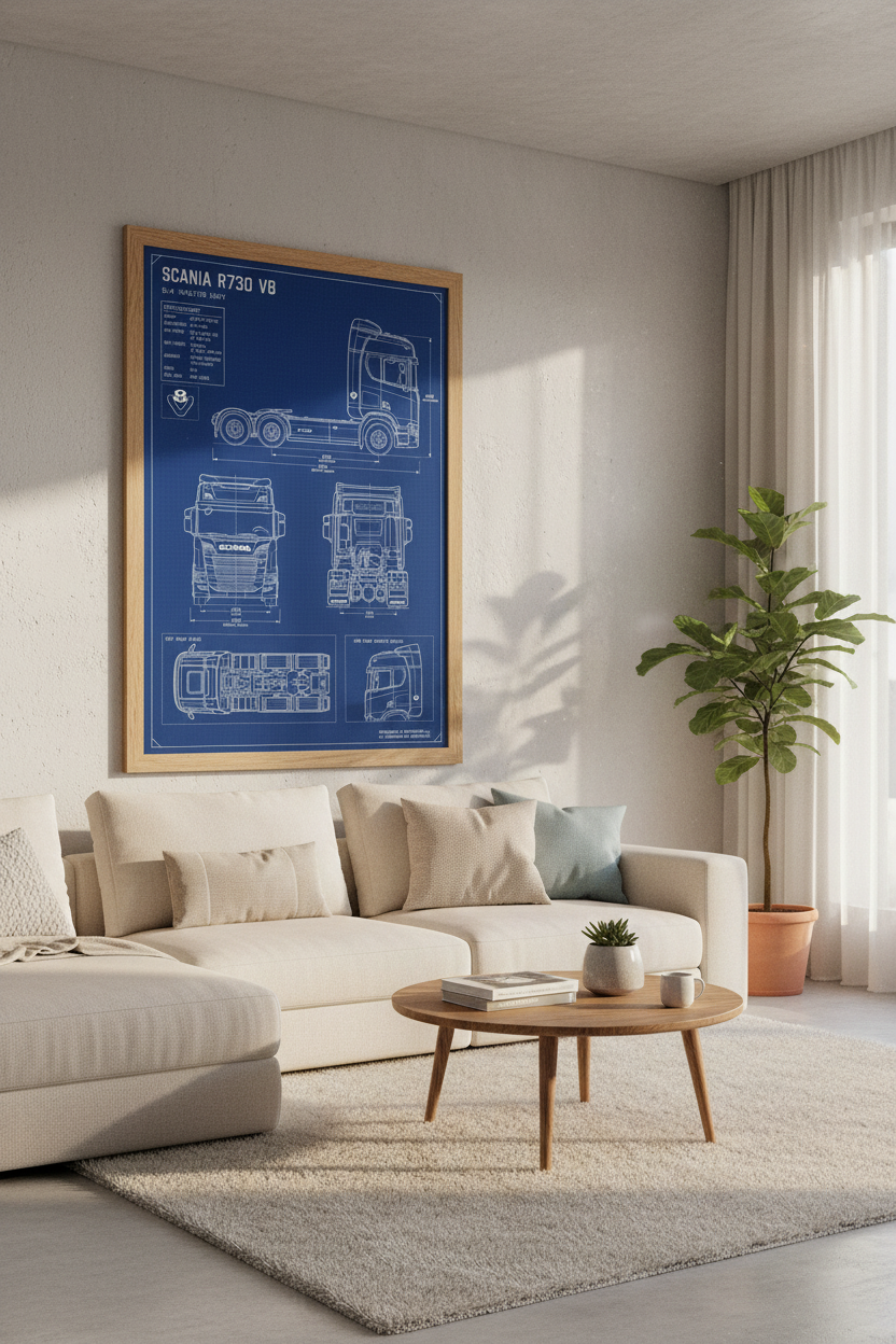 Scania R730 V8 Truck Blueprint Wall Art | Garage Decor | Industrial Poster