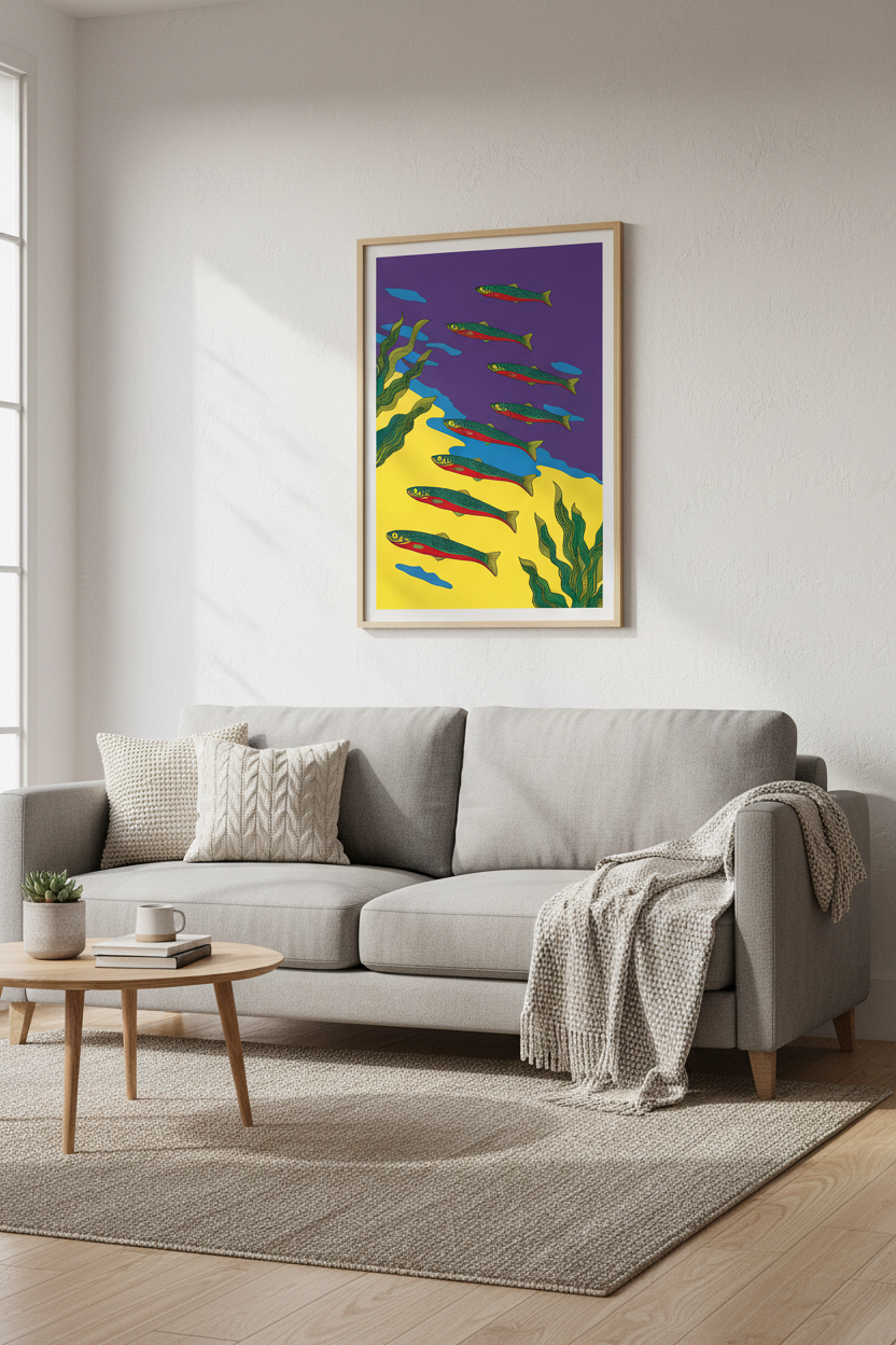 Folk Art Fish Print | Vibrant Underwater Decor | Purple & Yellow Modern Poster