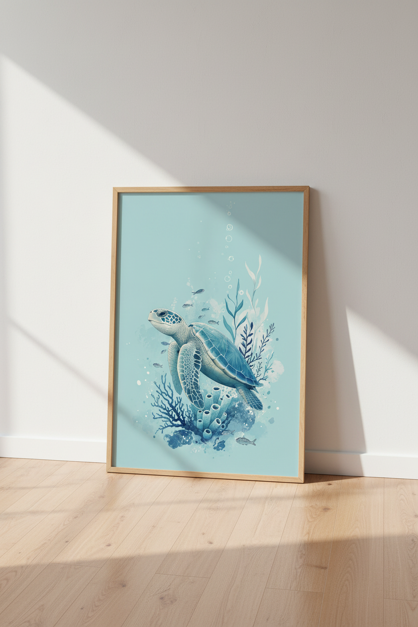Sea Turtle Ocean Wall Art | Teal Blue Coastal Decor | Watercolor Under the Sea Poster
