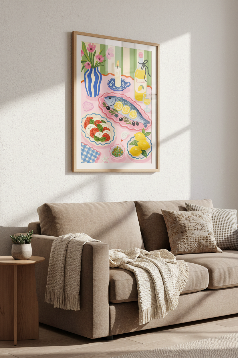 Italian Dinner Table Wall Art Print | Kitchen Decor | Mediterranean Food Poster