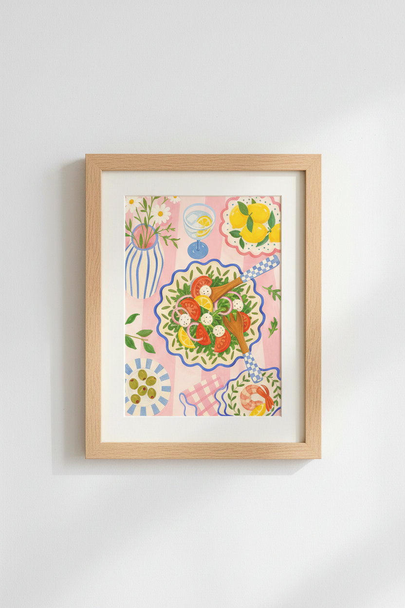 Colorful Kitchen Art Print | Mediterranean Food Poster, Pink Dining Wall Decor