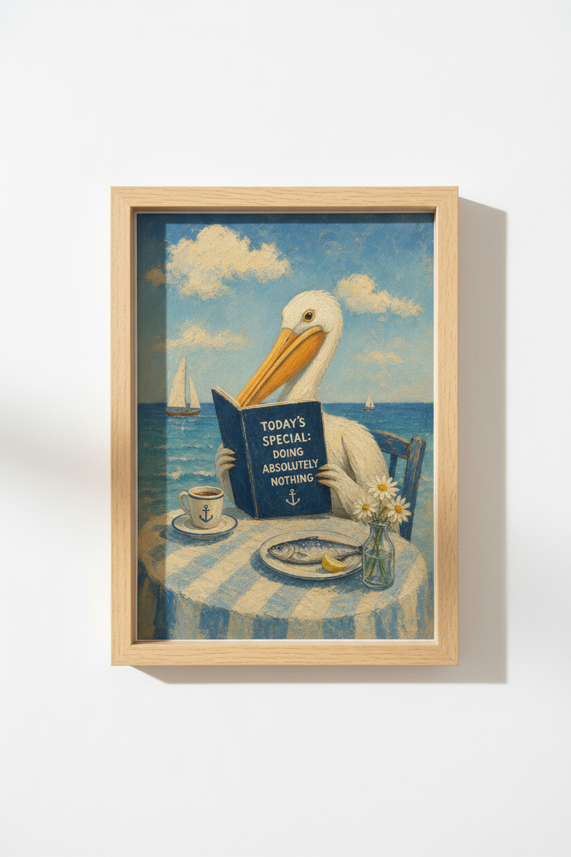 Coastal Pelican Wall Art Print | Nautical Beach House Decor | Whimsical Animal Poster
