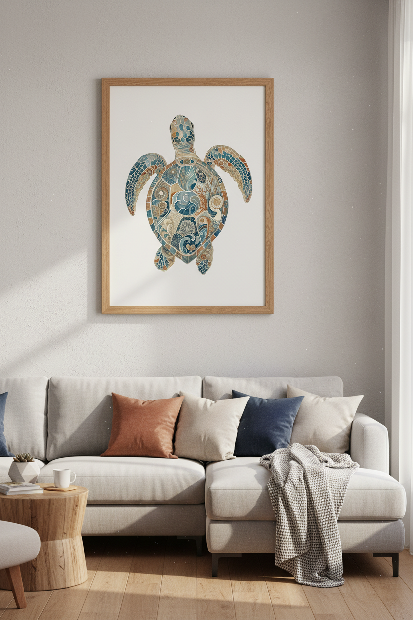 Mosaic Sea Turtle Wall Art | Coastal Blue & Gold Decor | Boho Ocean Life Poster