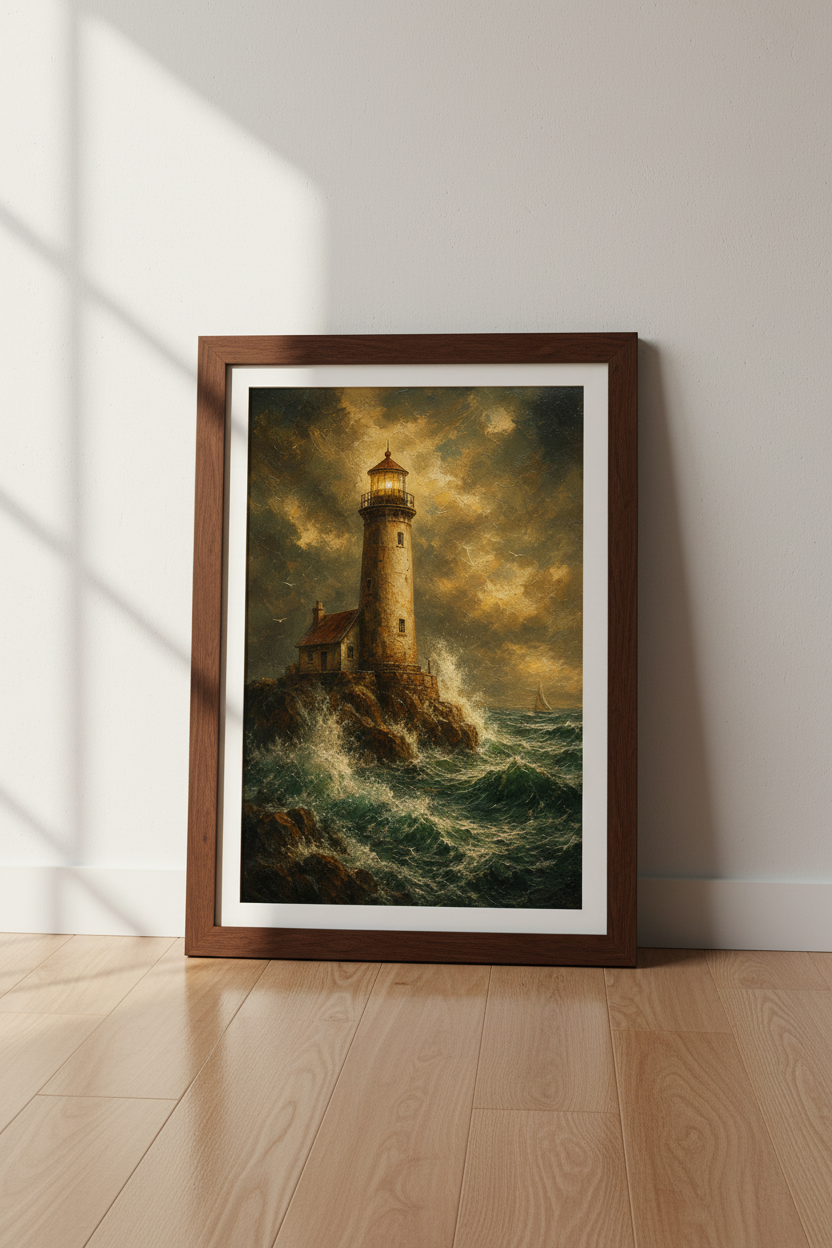 Moody Seascape Lighthouse Wall Art Print | Living Room Decor | Warm Coastal Poster