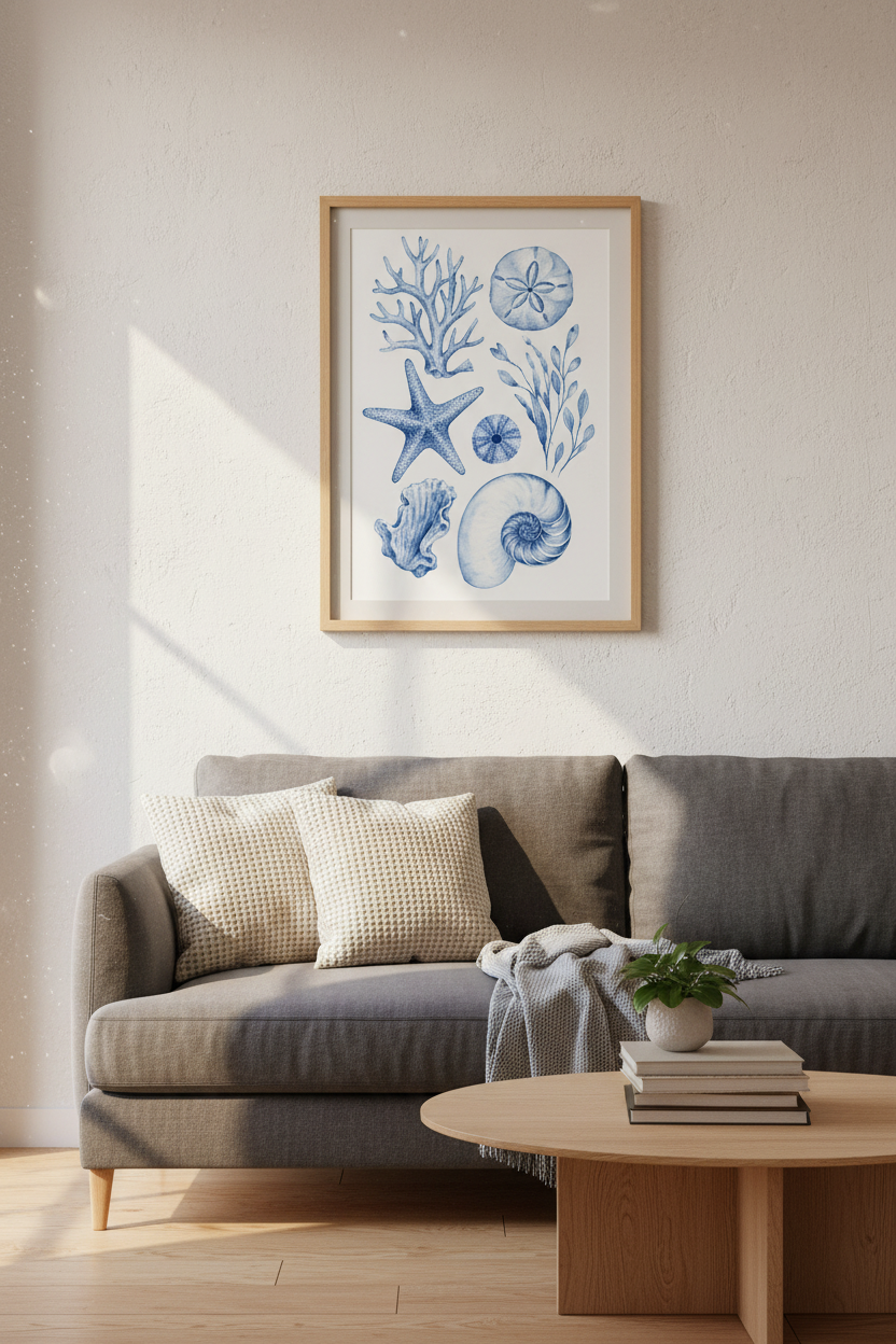 Coastal Blue Wall Art Print | Nautical Watercolor Seashells, Beach House Decor