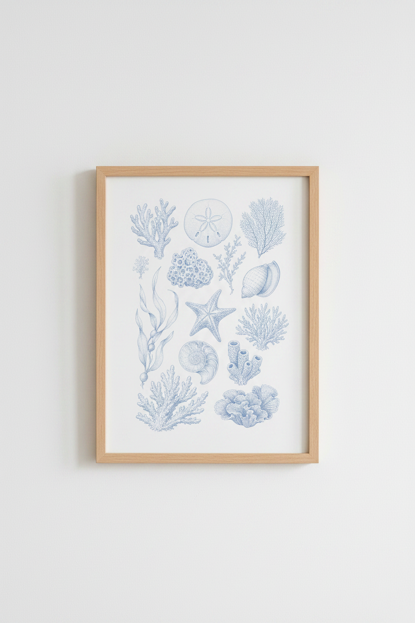 Blue Shell Wall Art Print | Coastal Bathroom Decor | Nautical Sea Life Poster