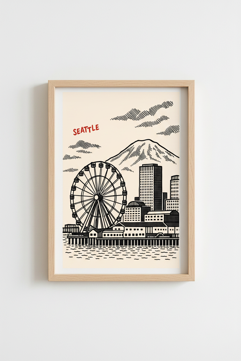 Seattle wall art | Minimalist linework cityscape, Living room decor