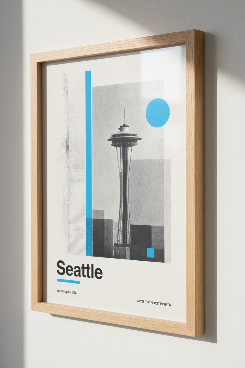 Seattle Space Needle Art | Modern Geometric Cityscape, Blue & Grey Office Decor