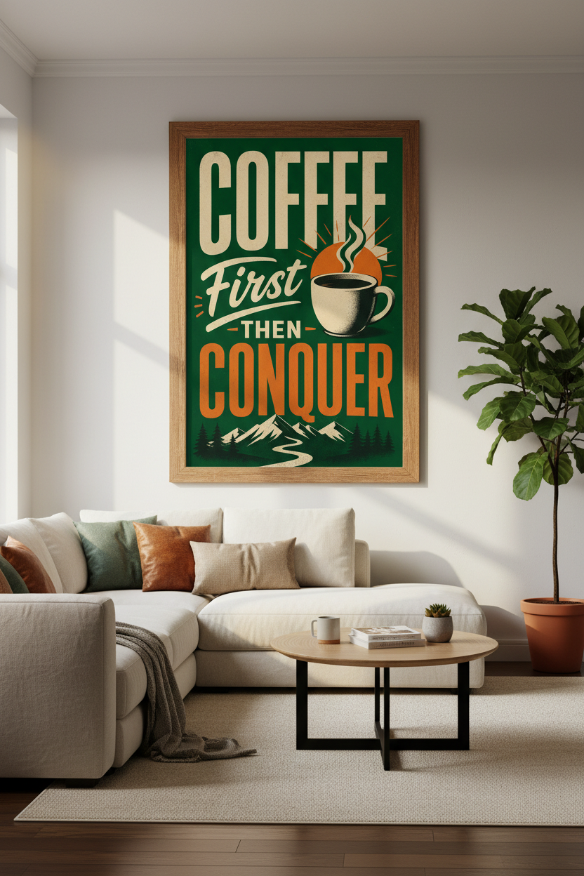 Coffee First Then Conquer Wall Art | Retro Green & Orange Poster | Cafe Kitchen Decor