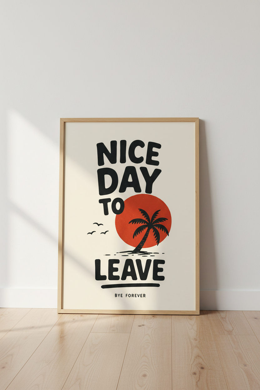 Nice Day To Leave Beach Poster | Retro Palm Tree Wall Art | Minimalist Sunset Print