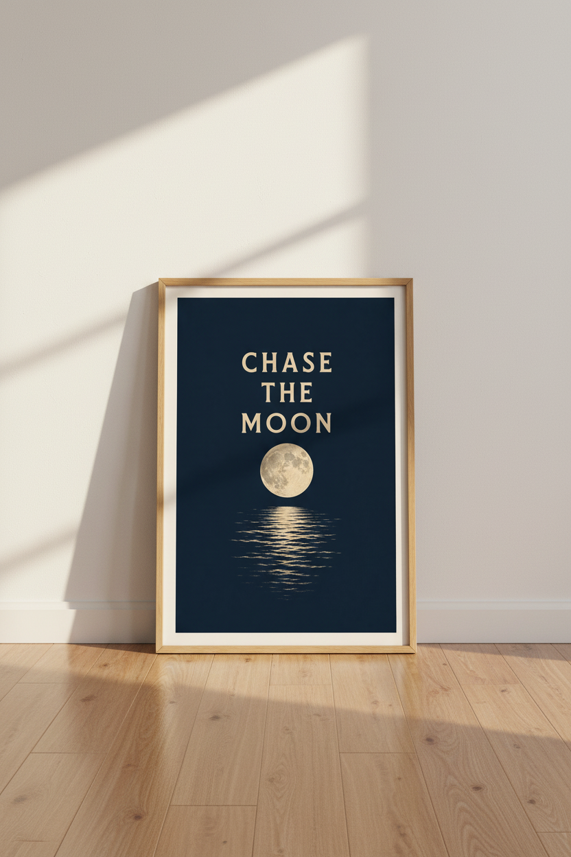 Chase The Moon Wall Art | Navy & Gold Celestial Poster | Minimalist Bedroom Decor