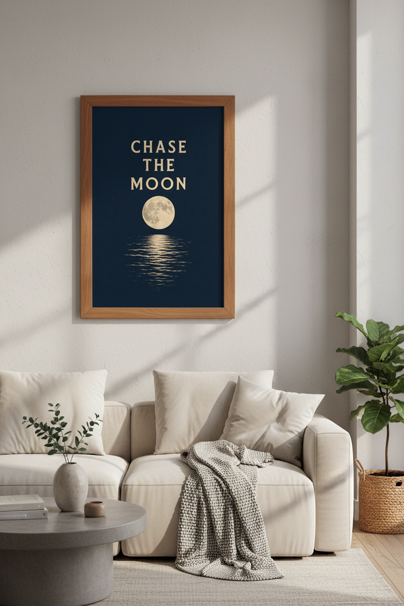 Chase The Moon Wall Art | Navy & Gold Celestial Poster | Minimalist Bedroom Decor