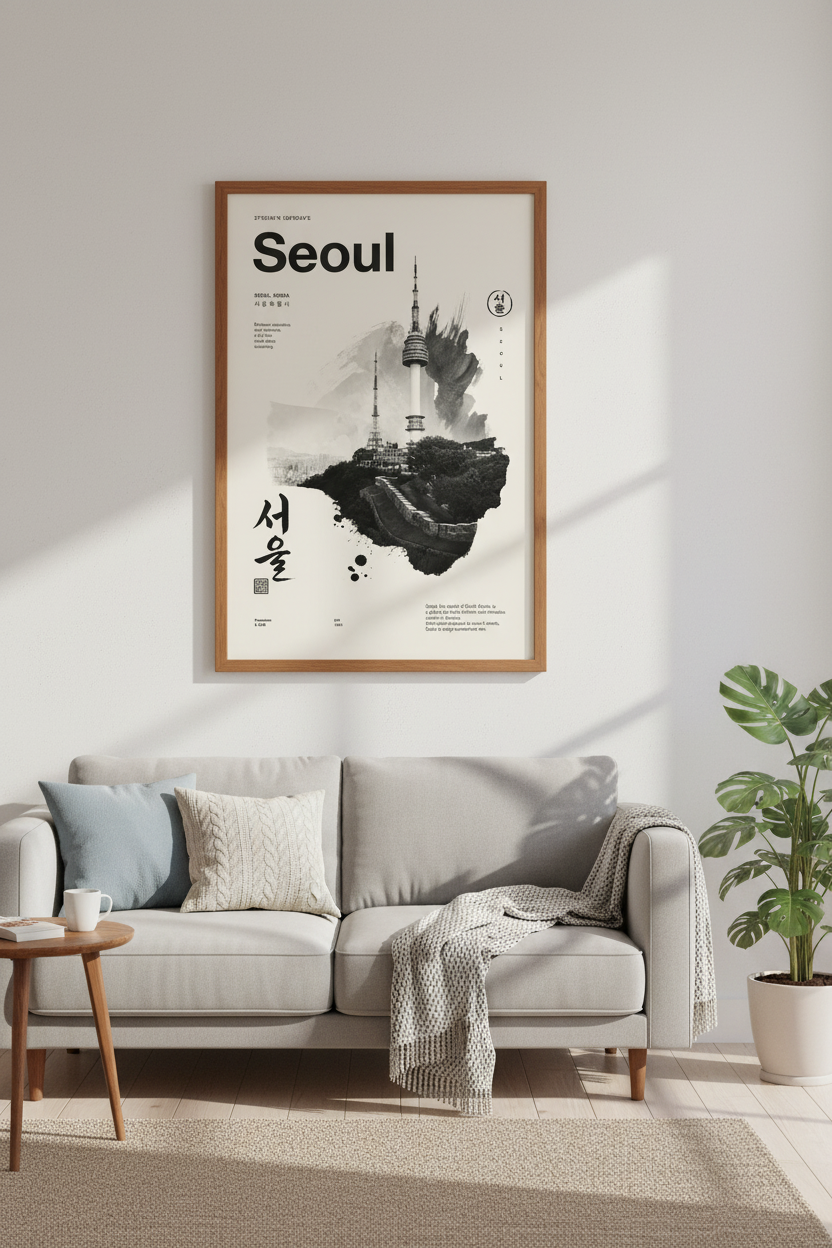 Seoul Korea Wall Art Print | Minimalist Cityscape Decor | Monochrome Travel Poster