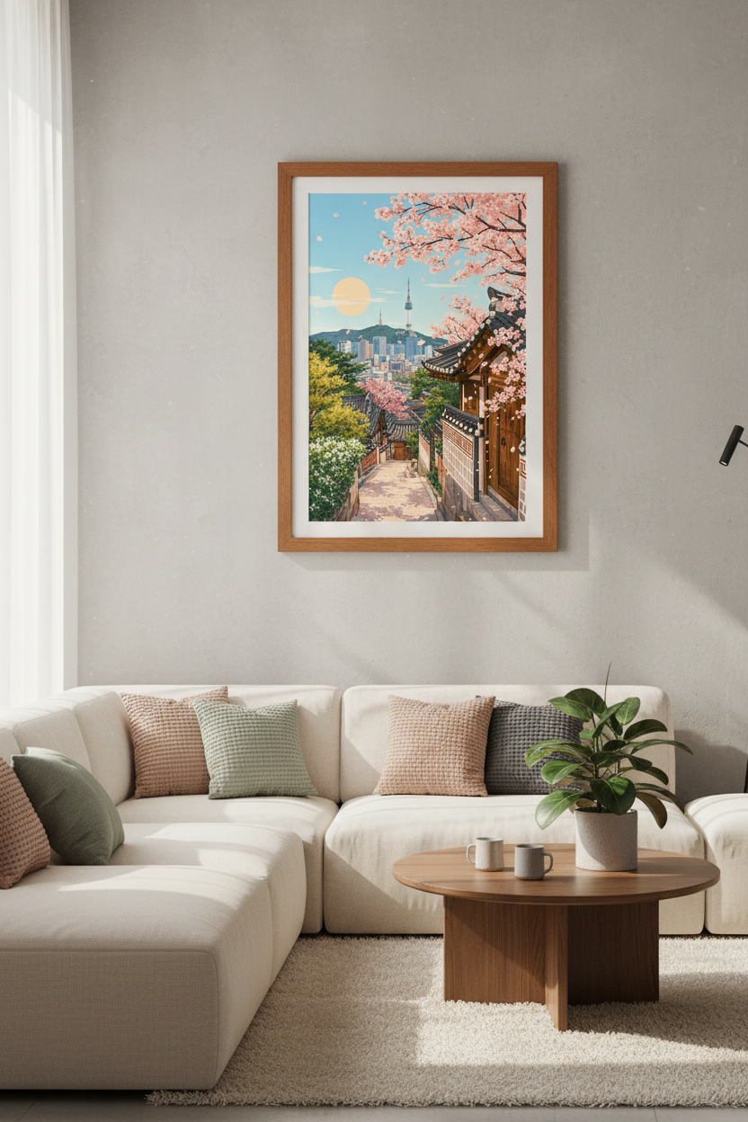 Seoul South Korea Wall Art | Cherry Blossom Anime Style, Bukchon Hanok Poster