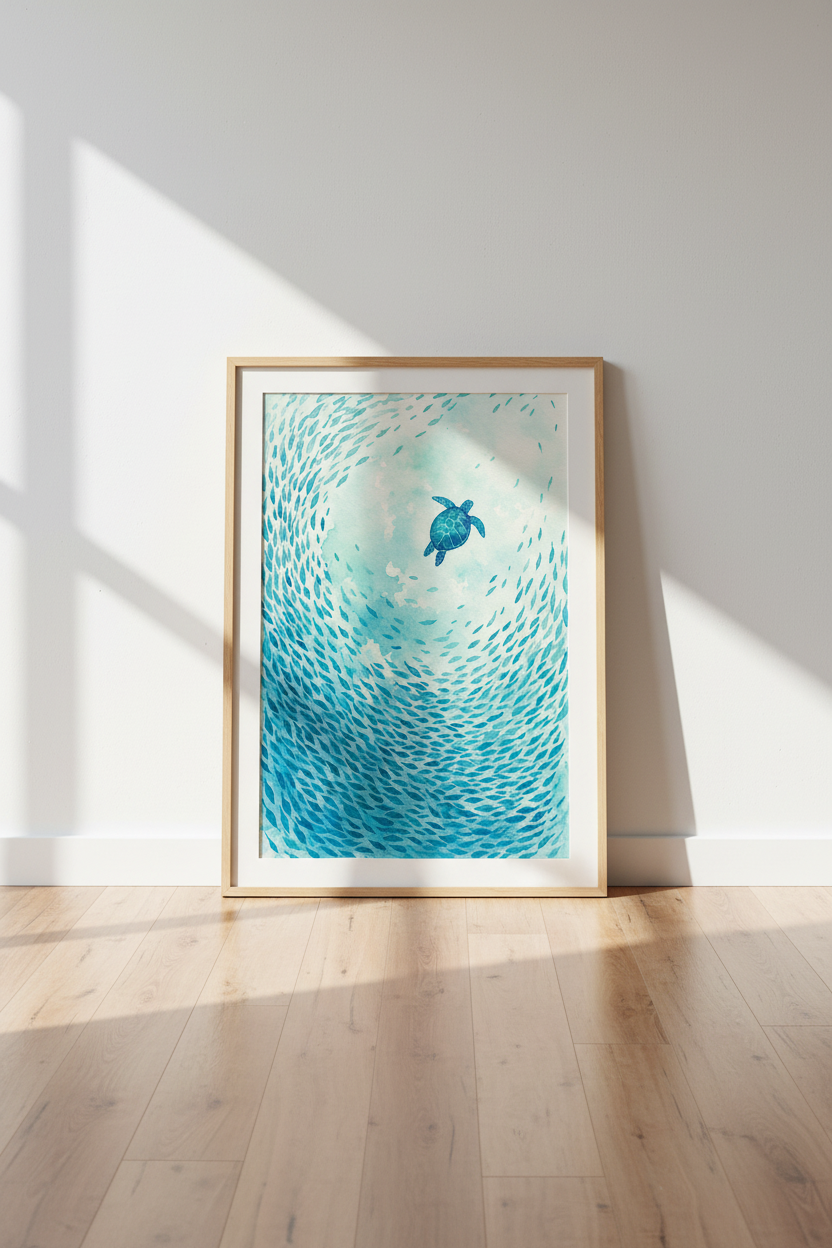 Sea Turtle & Fish Watercolor Print | Coastal Bathroom Decor | Blue Ocean Poster