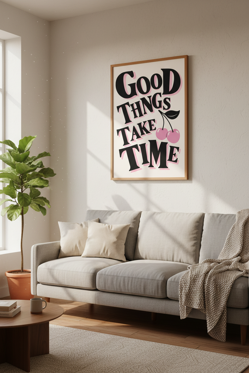 Good Things Take Time Cherry Wall Art | Pink Typography Poster | Retro Dorm Decor