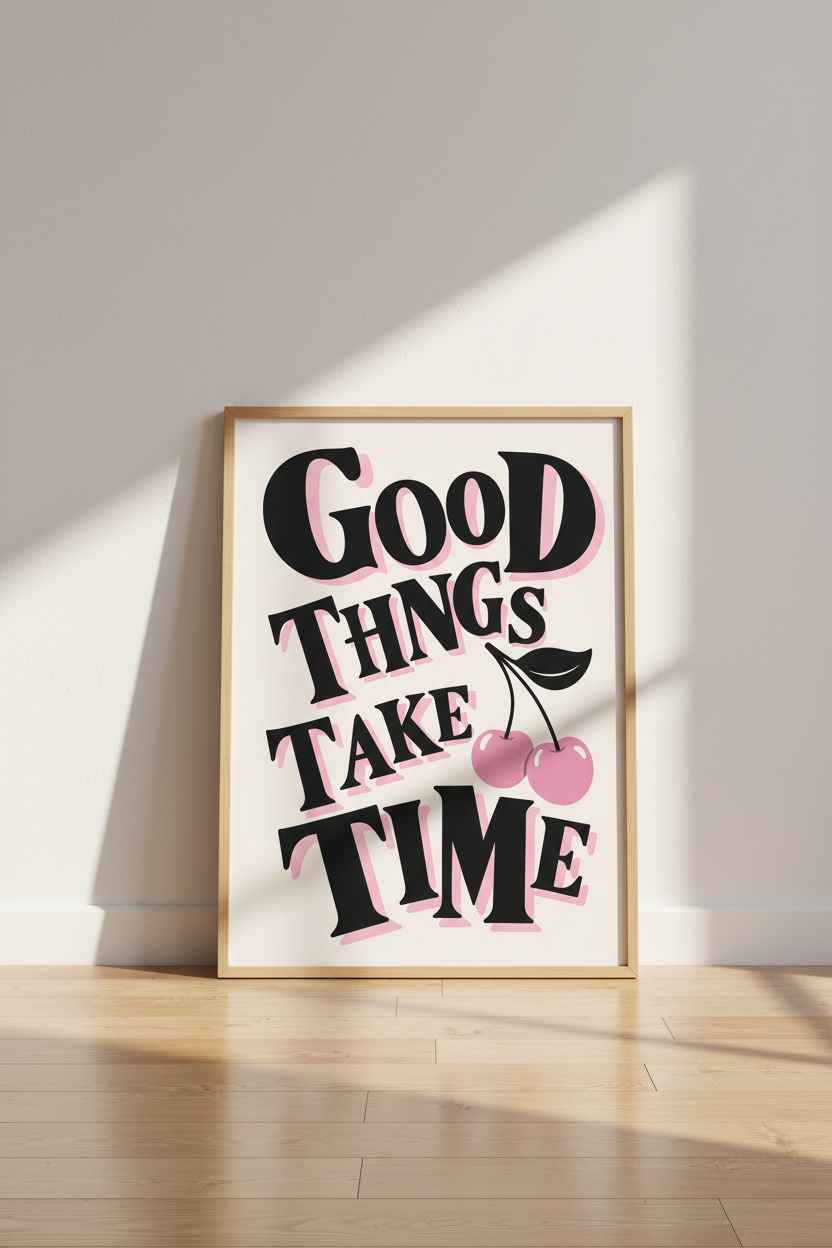 Good Things Take Time Cherry Wall Art | Pink Typography Poster | Retro Dorm Decor
