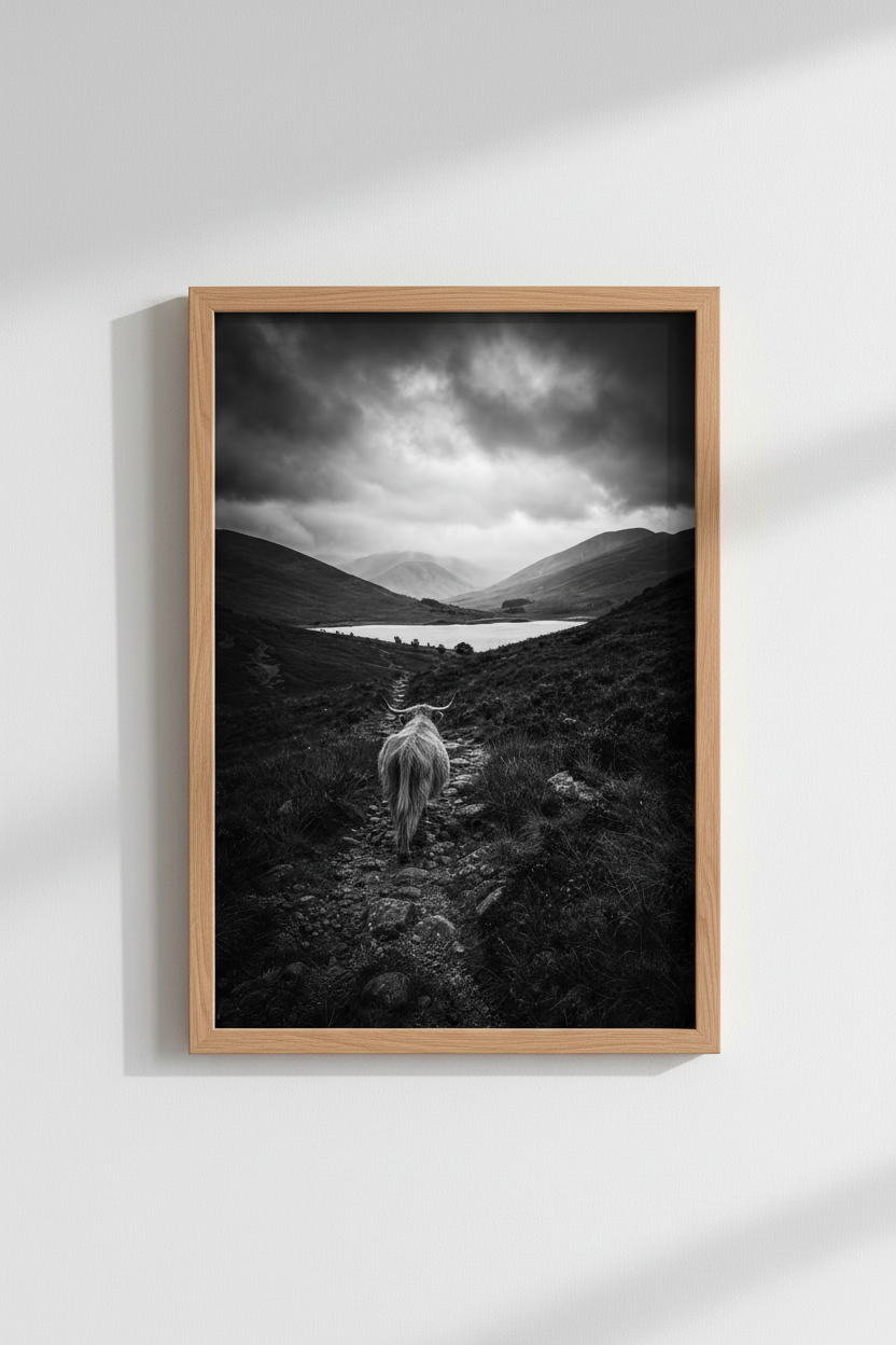 Highland Cow Wall Art Print | Black and White Scotland Decor | Moody Nature Poster