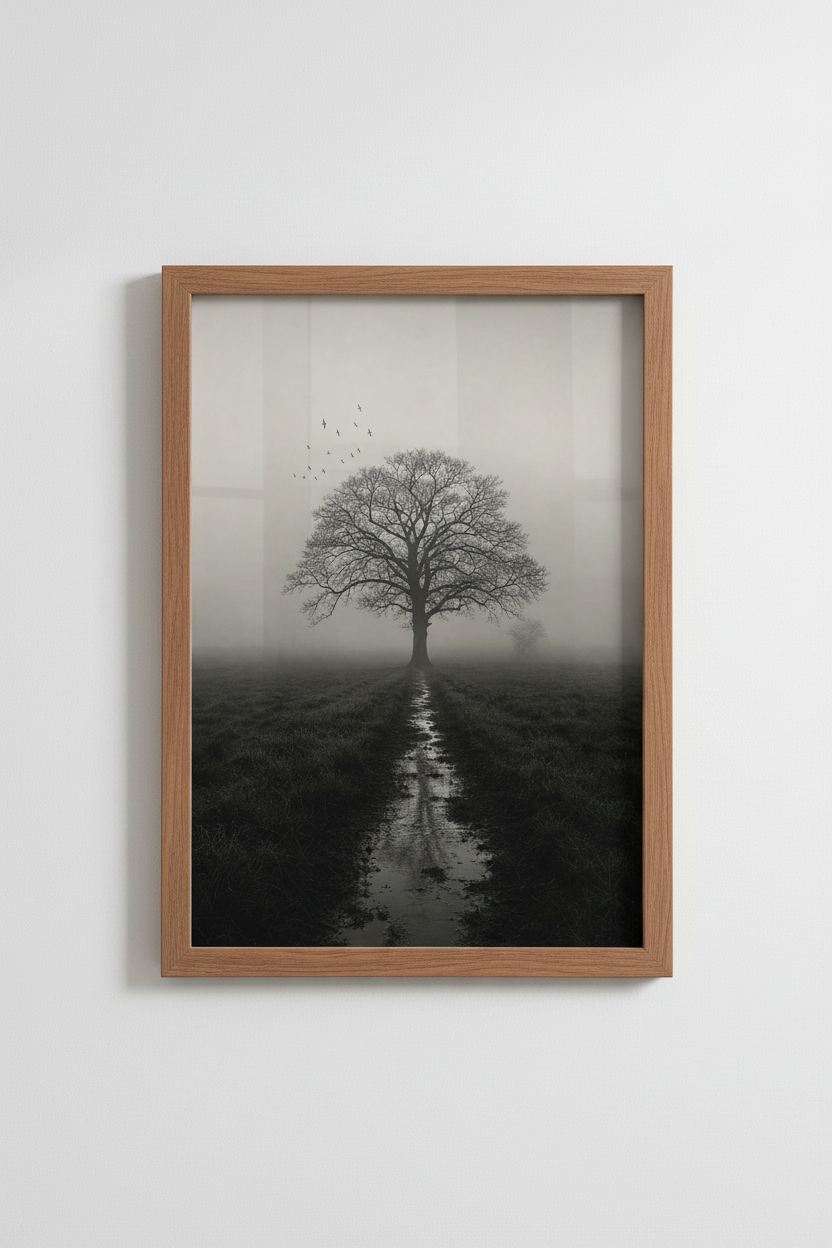 Nature Wall Art Print | Moody Landscape Tree Decor | Foggy Grayscale Poster