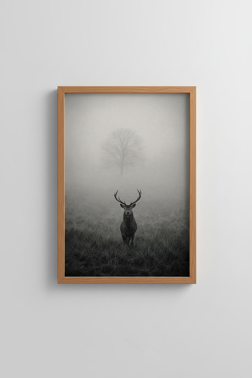 Deer Photography Print | Moody Nature Forest Stag, Black and White Wall Art