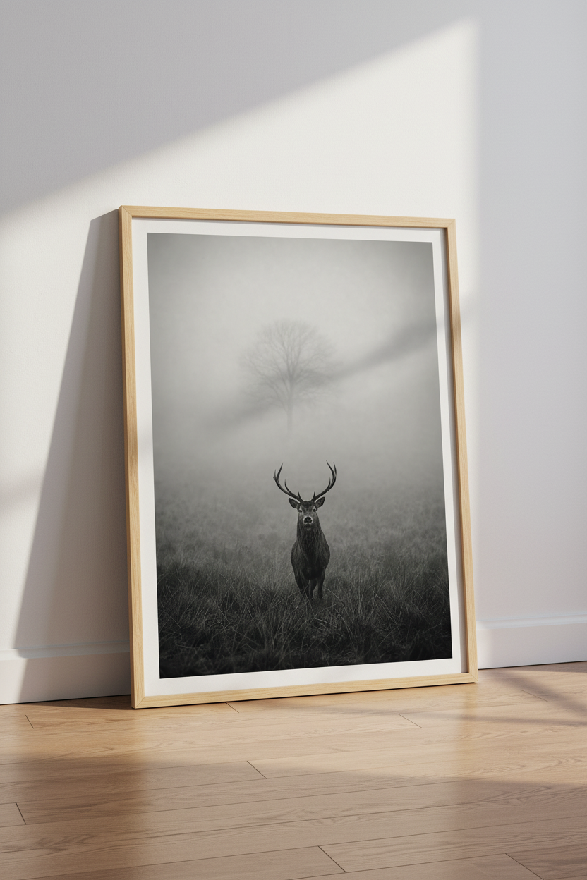 Deer Photography Print | Moody Nature Forest Stag, Black and White Wall Art