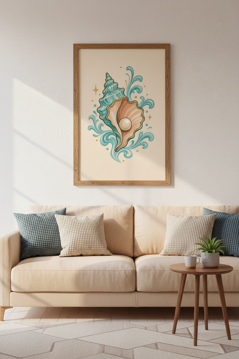 Seashell Pearl Wall Art Print | Coastal Bathroom Decor | Turquoise Aesthetic Poster
