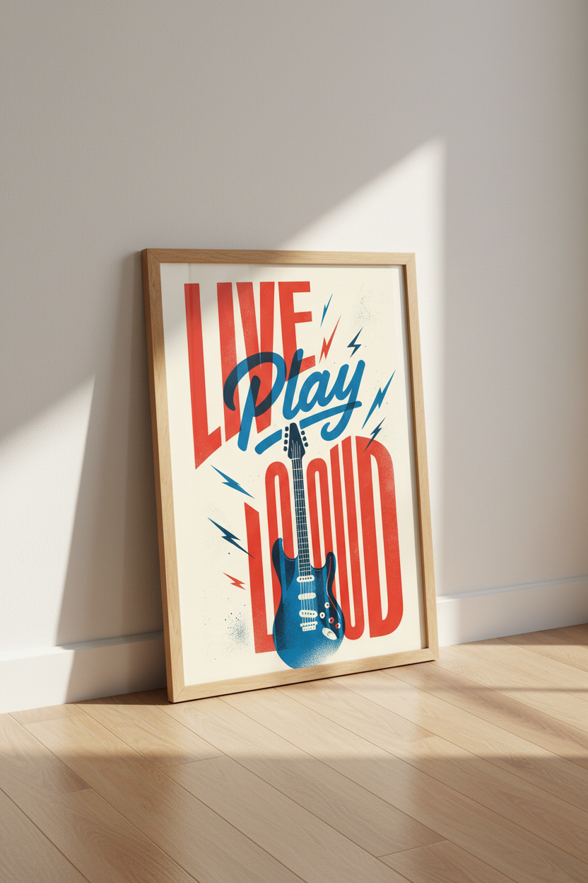 Live Play Loud Guitar Wall Art | Retro Rock Music Poster, Studio Decor