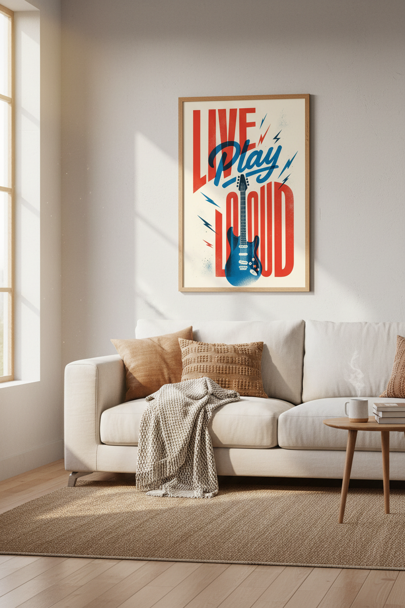 Live Play Loud Guitar Wall Art | Retro Rock Music Poster, Studio Decor