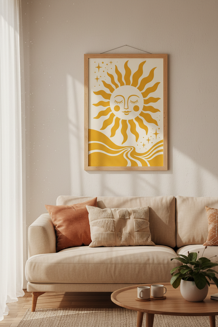 Boho Sun Face Wall Art | Yellow Celestial Poster, Minimalist Nursery Decor